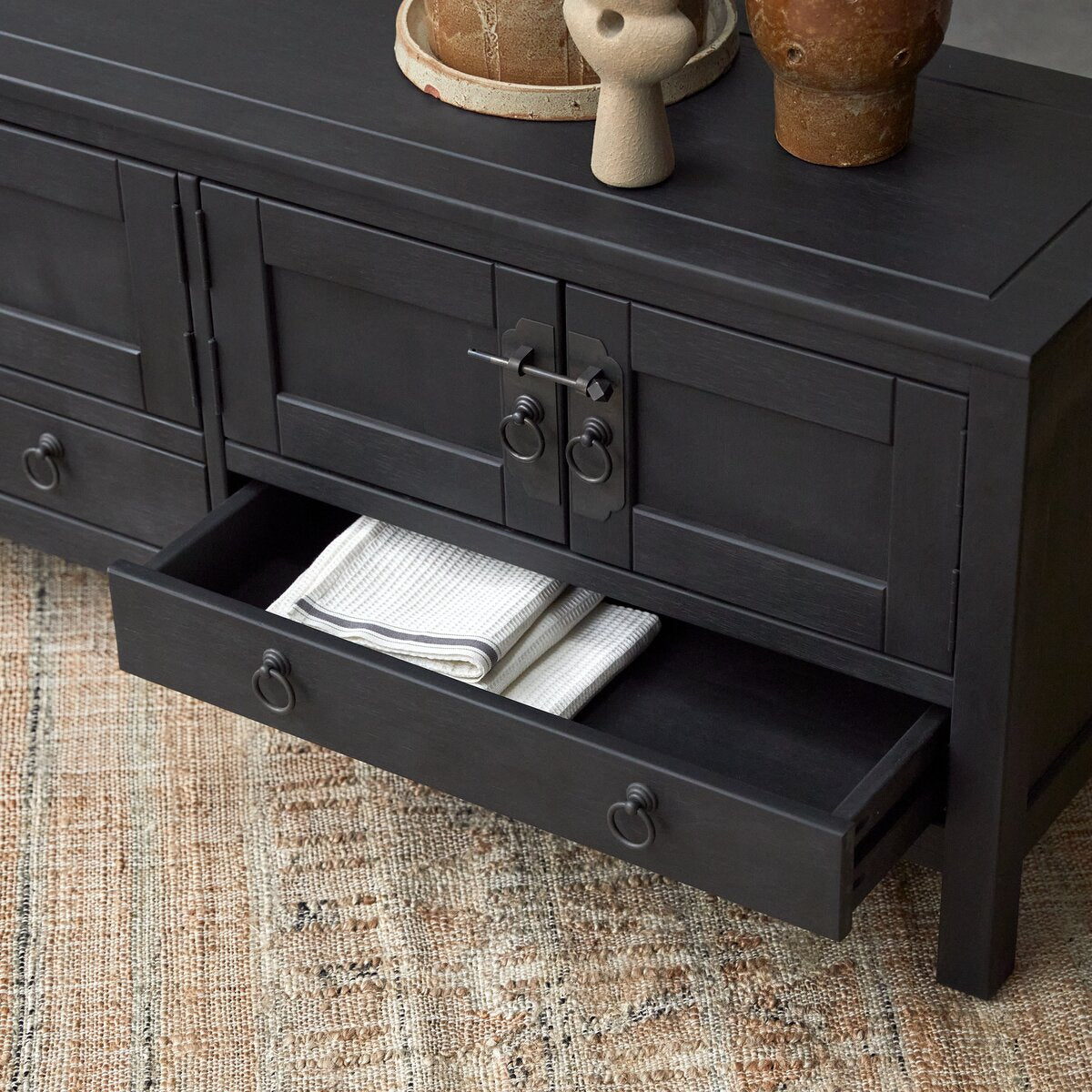 Onyx Black Solid Mango Wood TV Unit 2 Drawer 4 Door In Black Finish