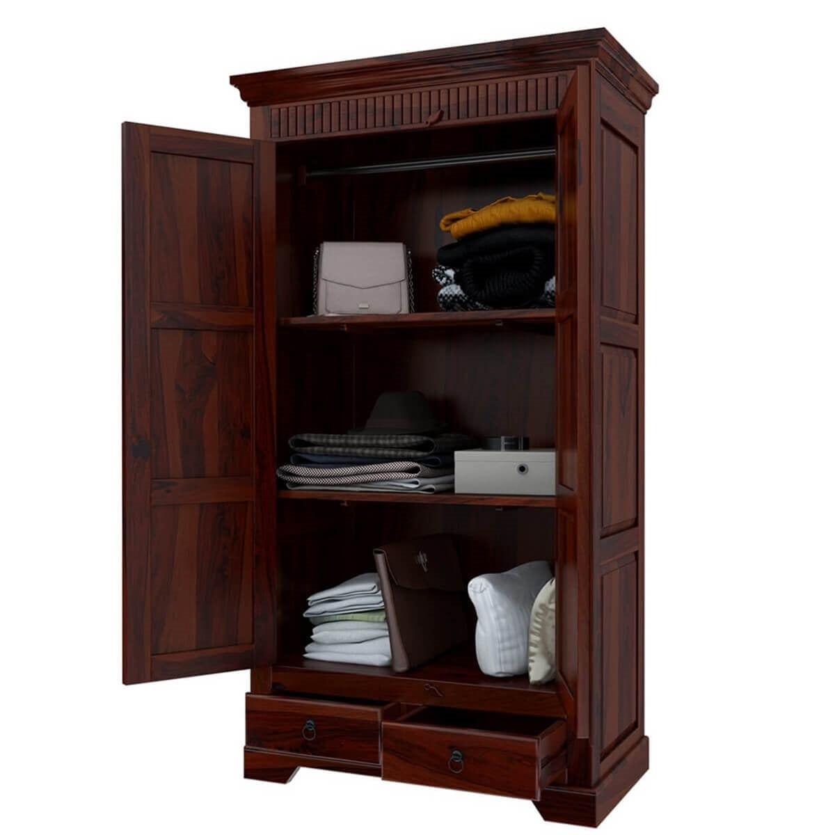 Traditional Solid Wood Wardrobe with Carved Cornice and Storage Drawers | Sheesham/Dark Mahogany Finish Almirah