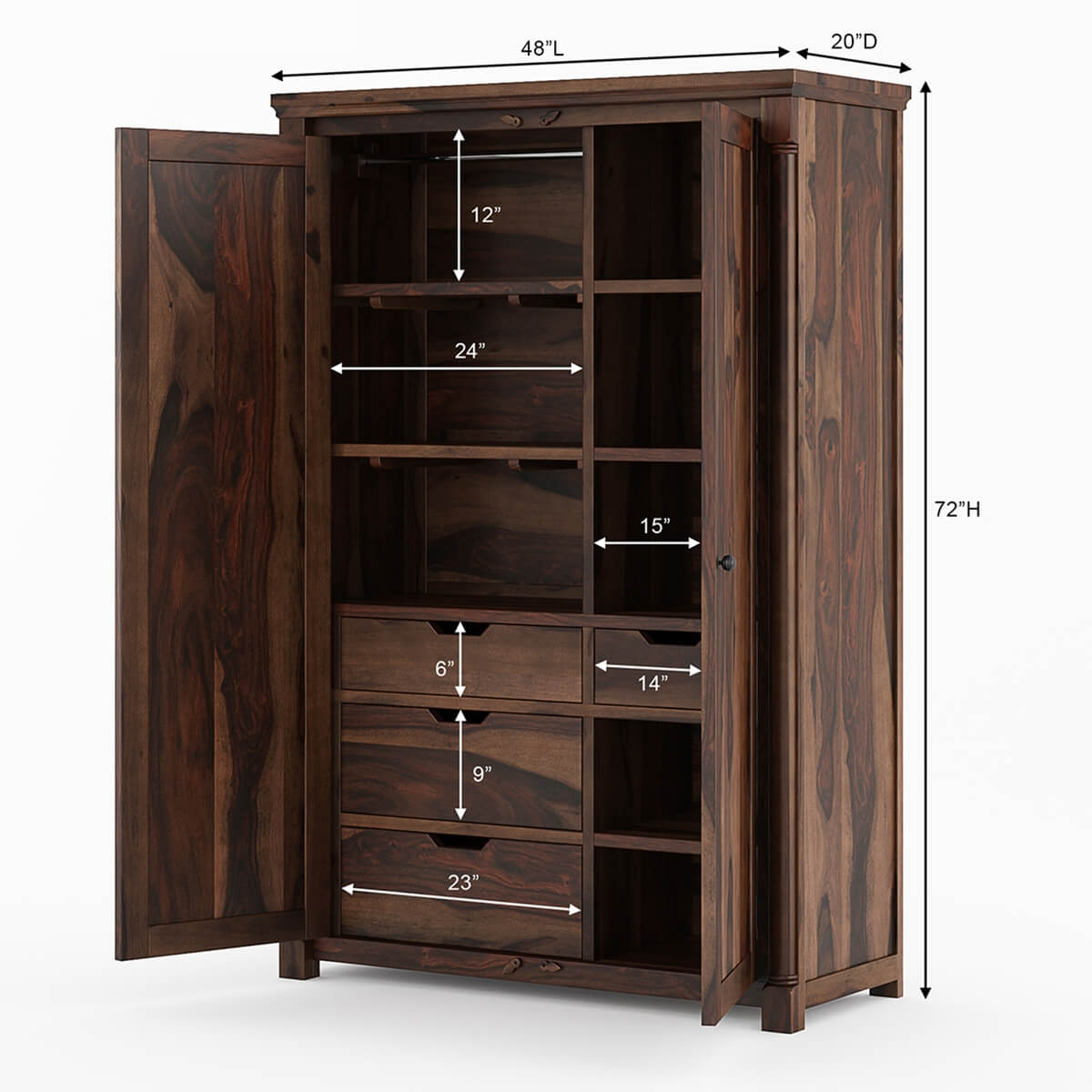 Classic Sheesham Wood 2-Door Wardrobe with Multi-Level Storage