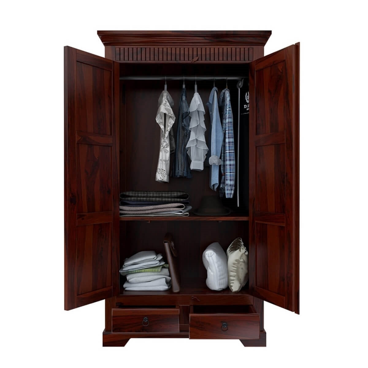 Traditional Solid Wood Wardrobe with Carved Cornice and Storage Drawers | Sheesham/Dark Mahogany Finish Almirah