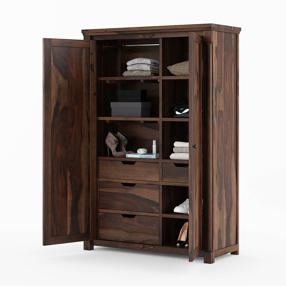 Classic Sheesham Wood 2-Door Wardrobe with Multi-Level Storage