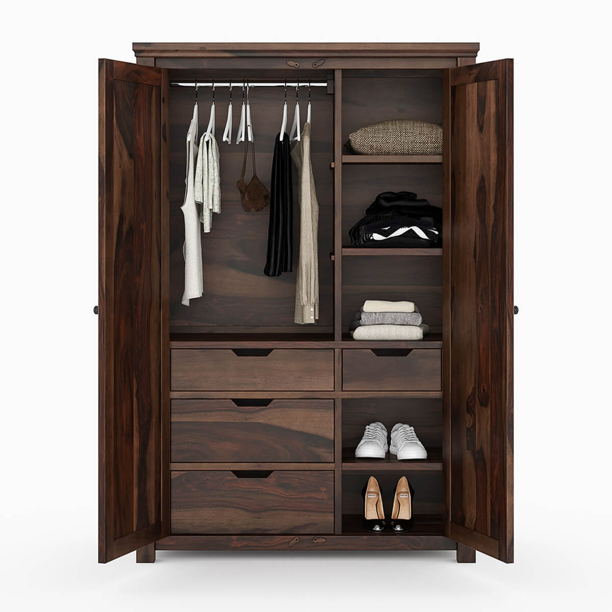 Classic Sheesham Wood 2-Door Wardrobe with Multi-Level Storage