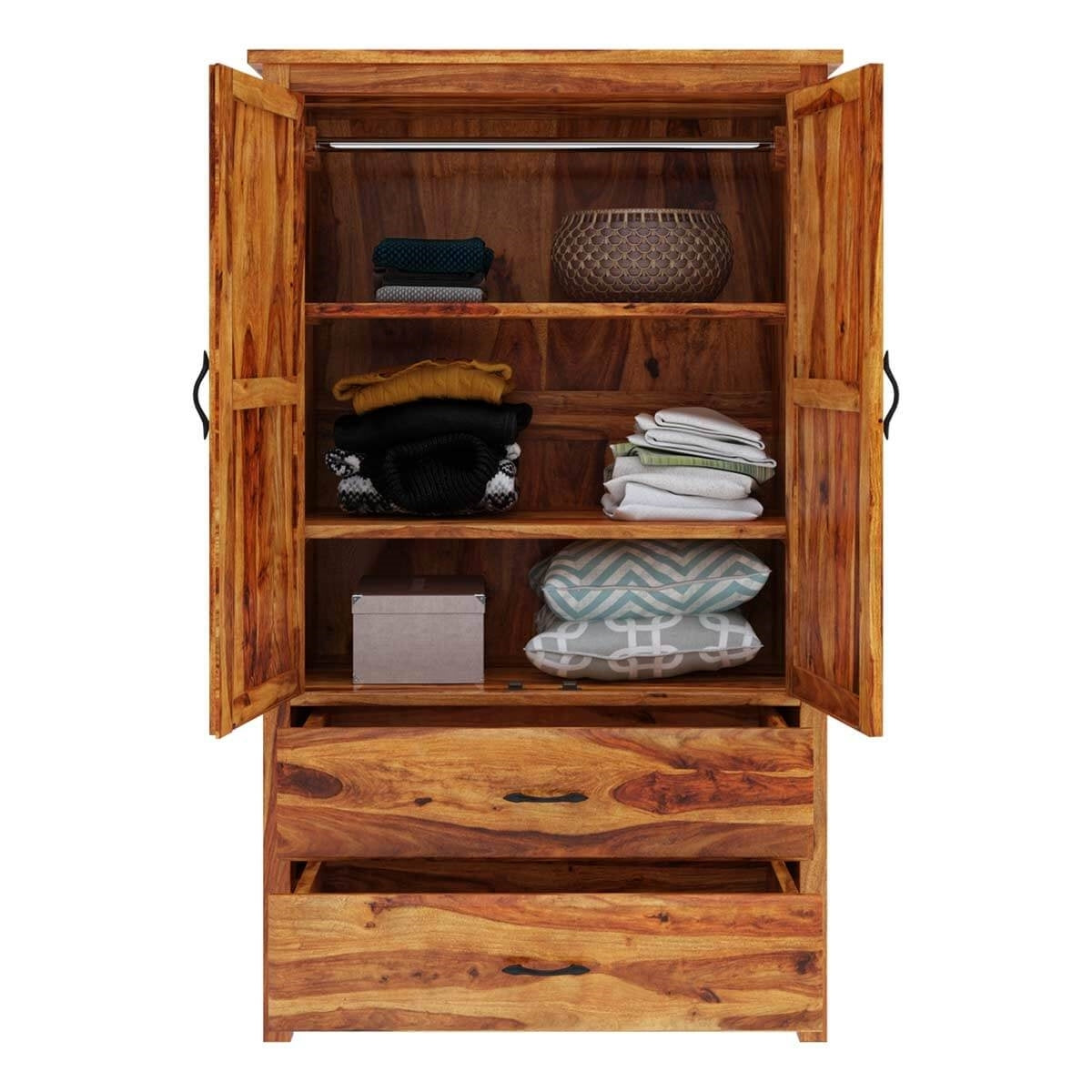 Rustic Solid Sheesham Wood 2 Door 2 Drawer Wardrobe In Light Honey Finish