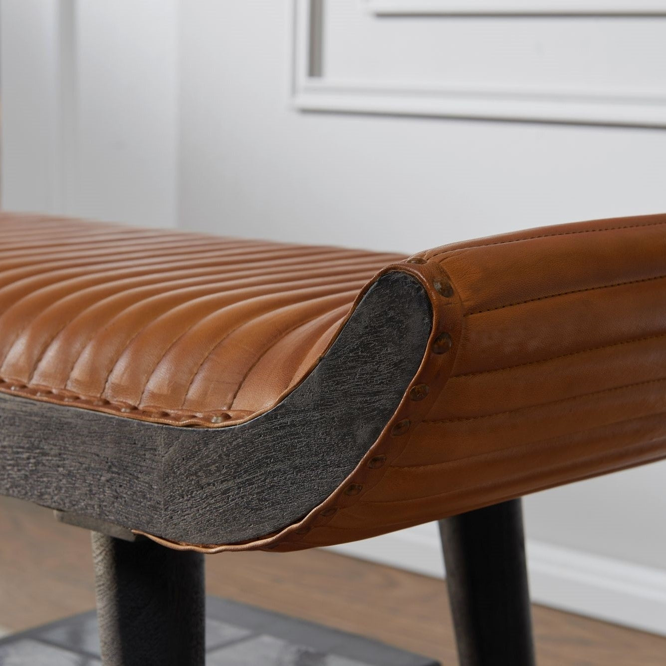 Solid Wood Bench With Real Leather Upholstered