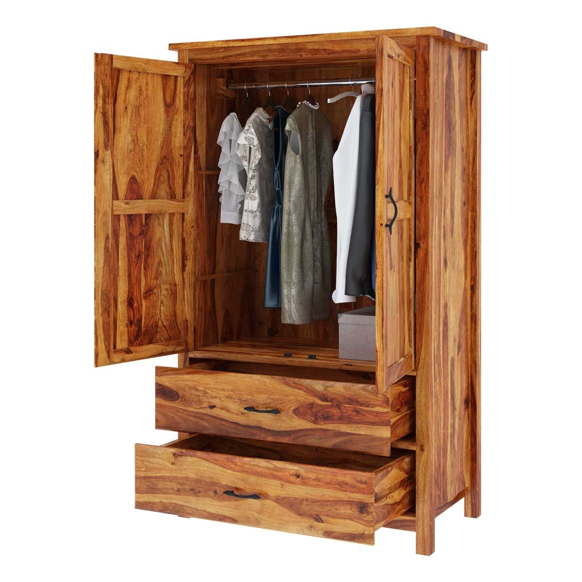 Rustic Solid Sheesham Wood 2 Door 2 Drawer Wardrobe In Light Honey Finish