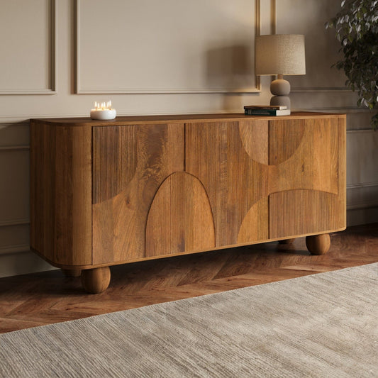 Walnut Finish 3-Door Sideboard with Quarter-Circle Inlay and Ball Fee