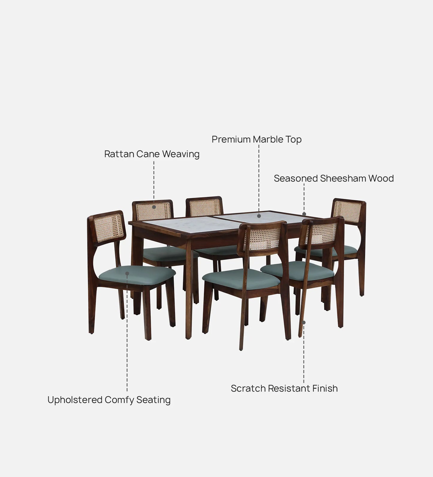 Gistel Sheesham Wood 6 Seater Dining Set In Scratch Resistant Provincial Teak Finish With Marble Top
