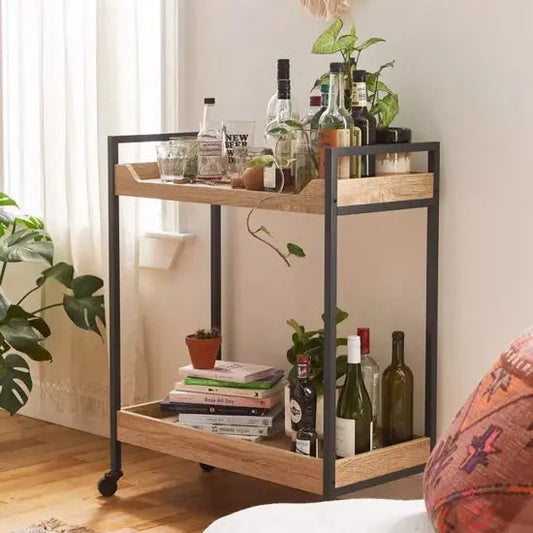 Grizzo Serving Trolley Bar Cabinet with Wood Shelves & Gold Metal Frame