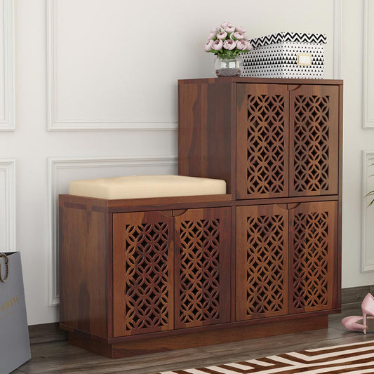 Evelyn Shoe Rack Of 25 Pairs With Cushion Seat & Carved Doors In Provincial Teak Color