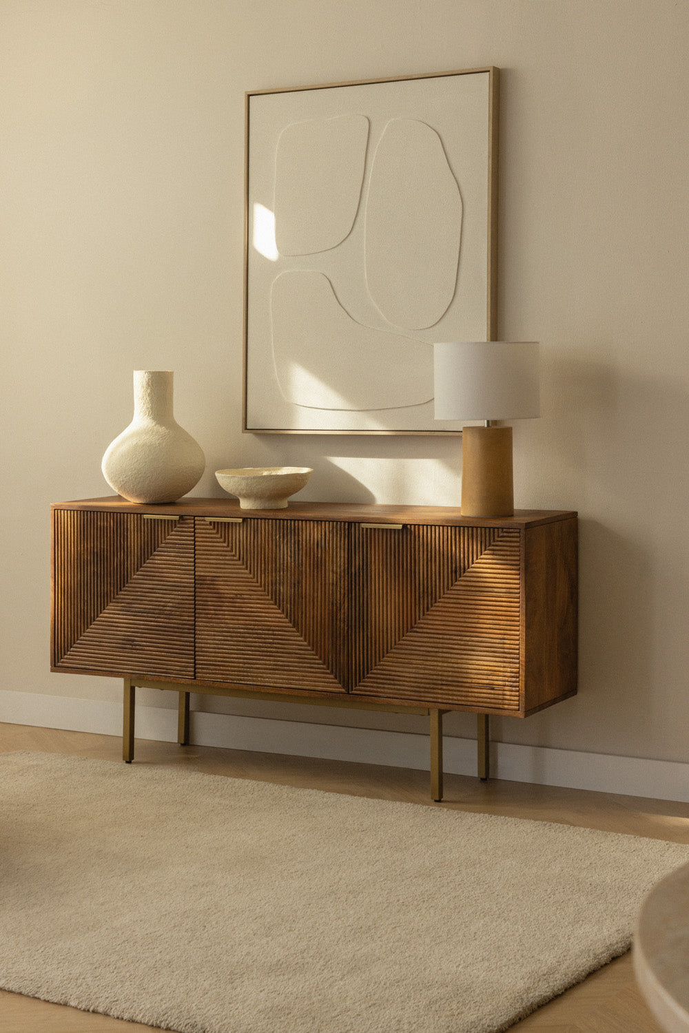 Elysian Fluted Mango Wood Sideboard | 3 Door in Natural Finish with Brushed Gold Legs