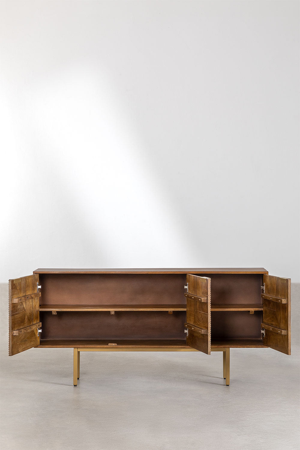 Elysian Fluted Mango Wood Sideboard | 3 Door in Natural Finish with Brushed Gold Legs