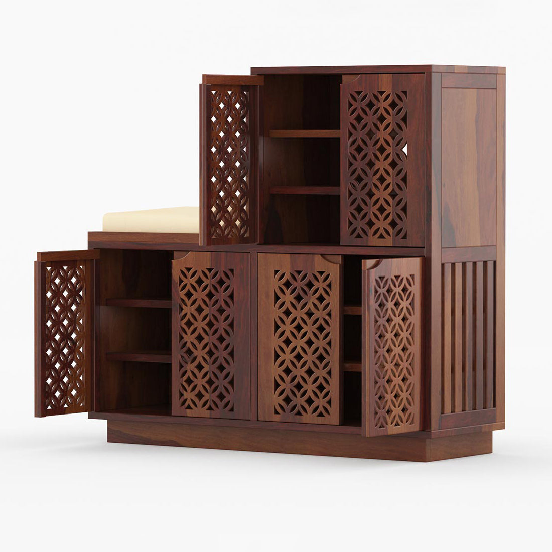 Evelyn Shoe Rack Of 25 Pairs With Cushion Seat & Carved Doors In Provincial Teak Color