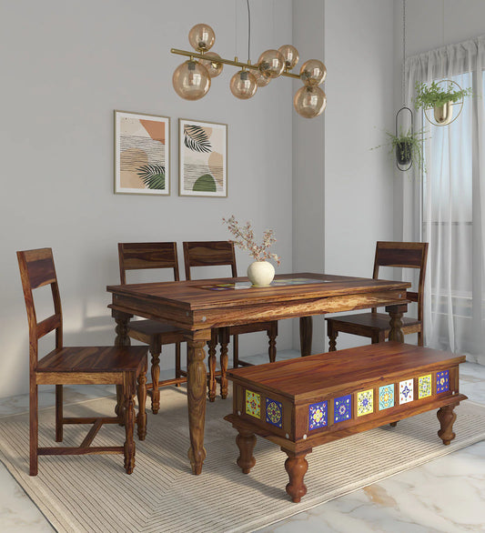 Siramika Solid Sheesham Wood 6-Seater Dining Set with Tiled Bench | Provincial Teak Finish