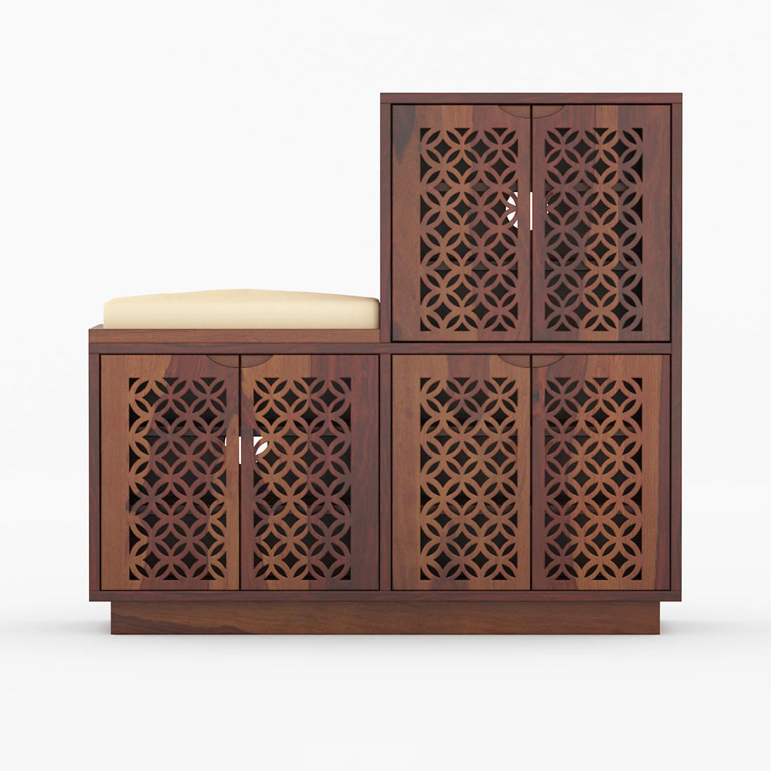 Evelyn Shoe Rack Of 25 Pairs With Cushion Seat & Carved Doors In Provincial Teak Color