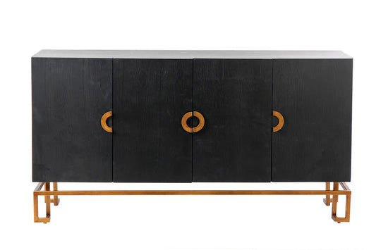 Modern Black Oak Sideboard / With 4 Door in Dark Finish with Metal Base
