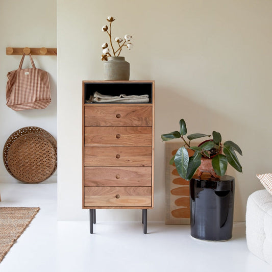 Cleo Solid Acacia Wood Chest of Drawer With 4 Drawer & 1 shelf in Natural Finish