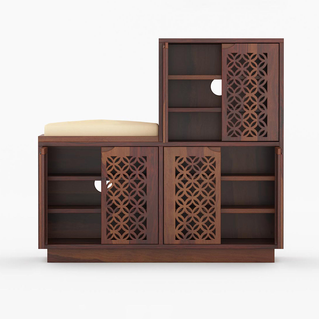 Evelyn Shoe Rack Of 25 Pairs With Cushion Seat & Carved Doors In Provincial Teak Color