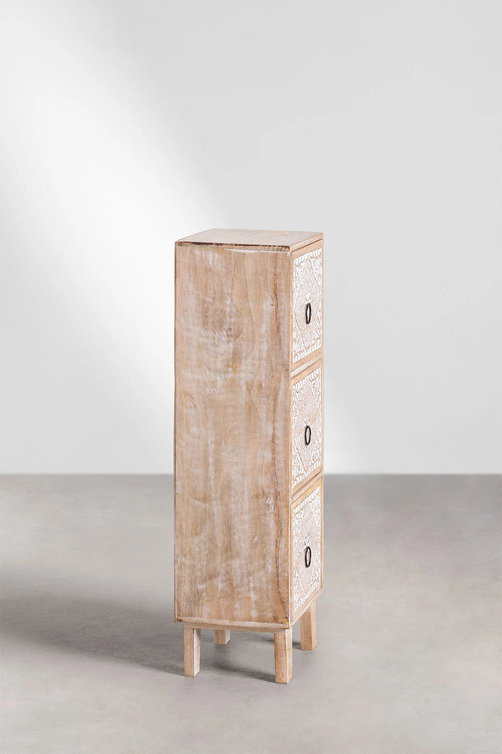 Marvin Solid Mango wood Chest of Drawer With 3 Hand Carved Drawer in White Wash Finish