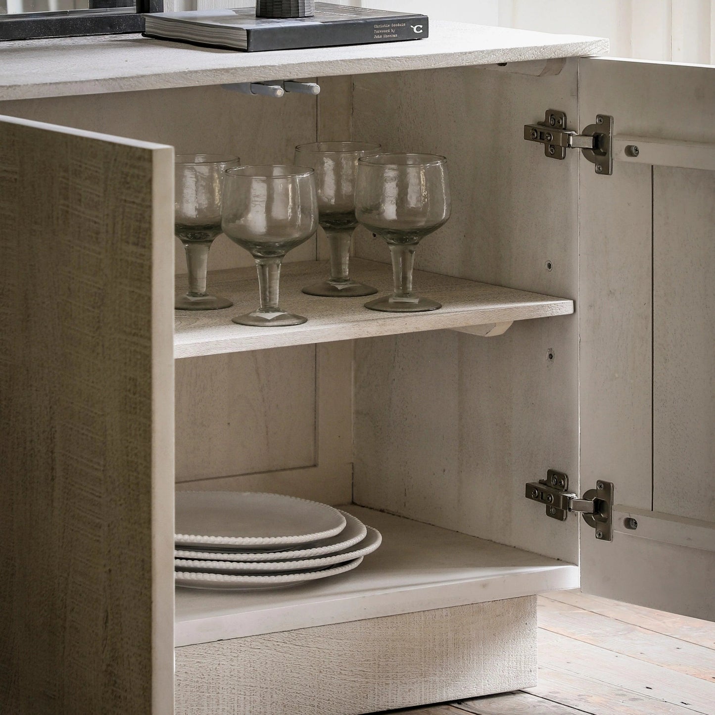 Sjaelland Whitewash Solid Mango Wood Sideboard with 4 Door in White Finish