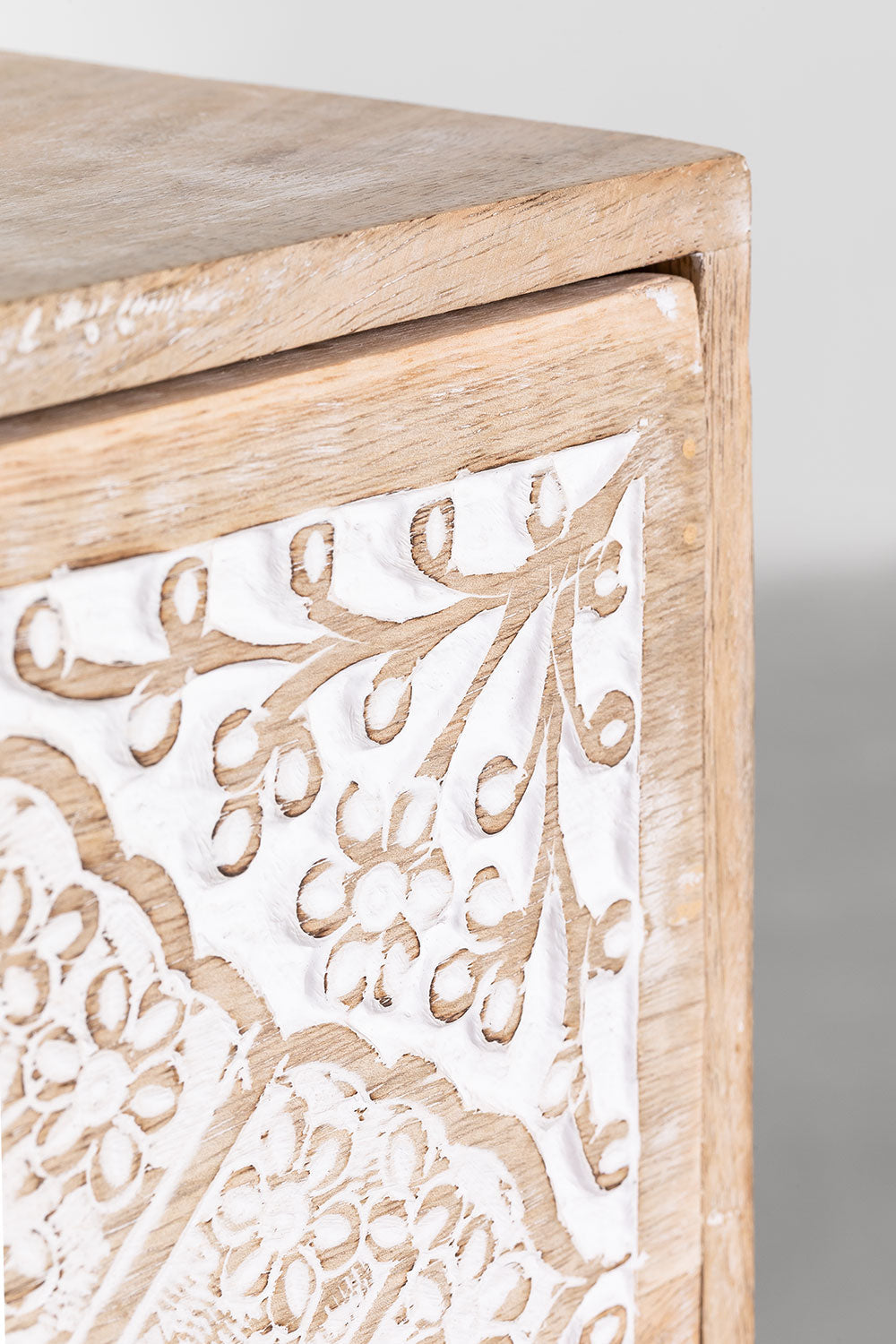 Marvin Solid Mango wood Chest of Drawer With 3 Hand Carved Drawer in White Wash Finish