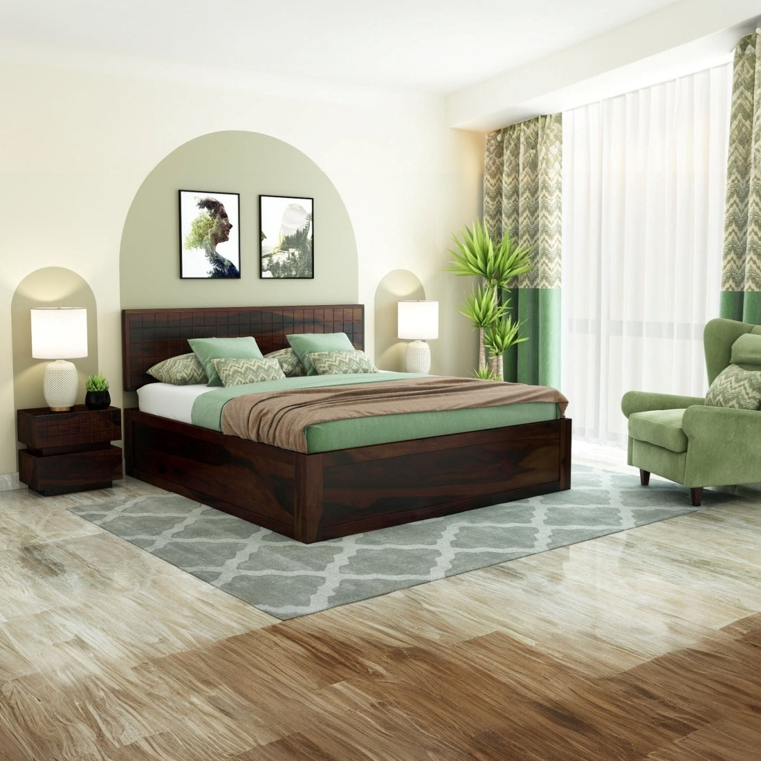 Modern Solid Sheesham Wood King Size Bed with Headboard & Box Storage – Dark Walnut Finish