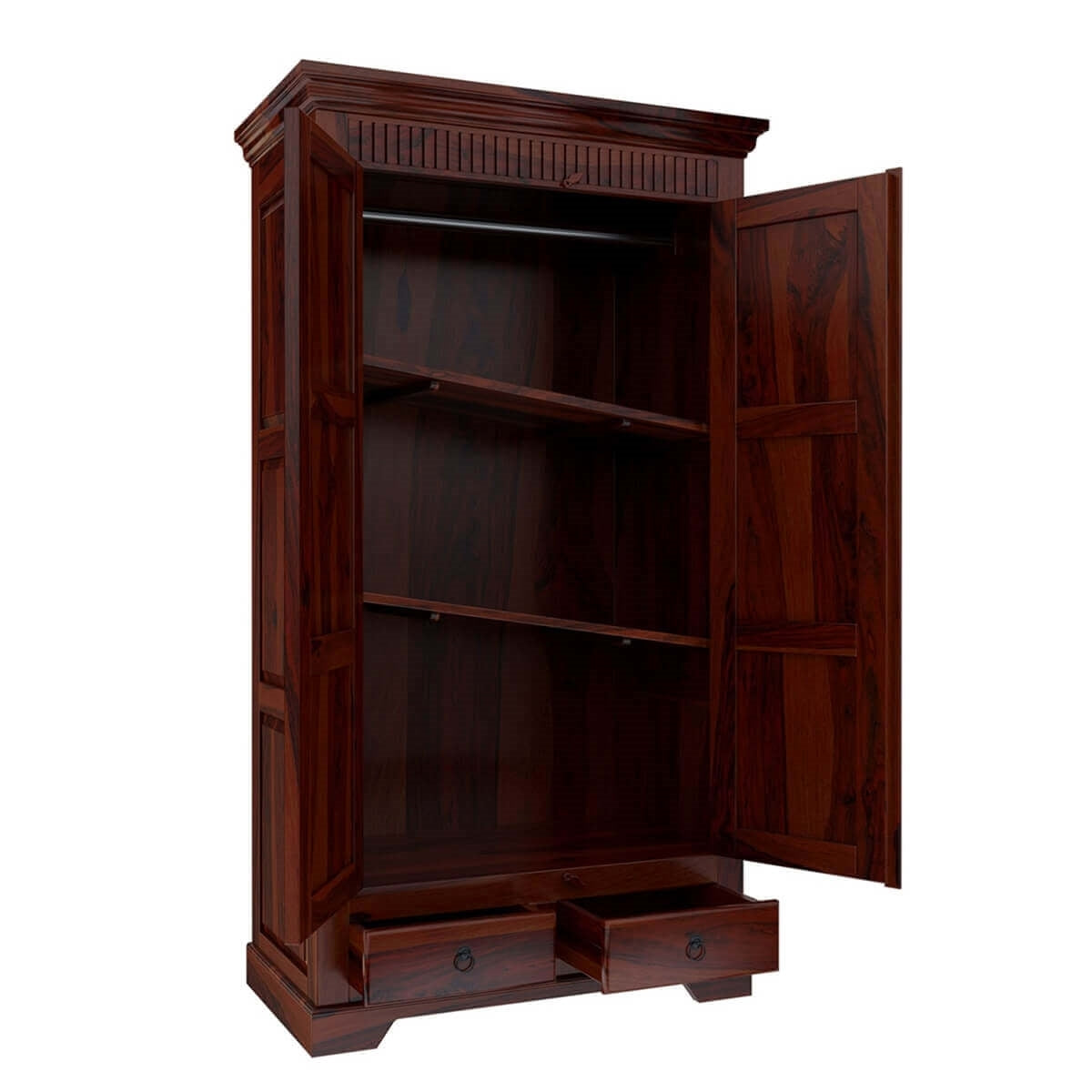Traditional Solid Wood Wardrobe with Carved Cornice and Storage Drawers | Sheesham/Dark Mahogany Finish Almirah
