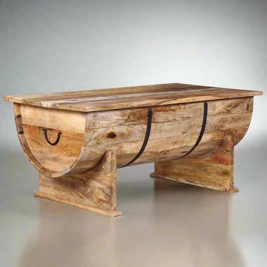 Rustic Mango Wood Barrel Trunk Coffee Table with Storage