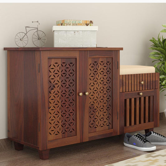 Asher Solid Wood Shoe Rack Of 20 Pairs in Provincial Teak with Cushioned Seat & Drawer