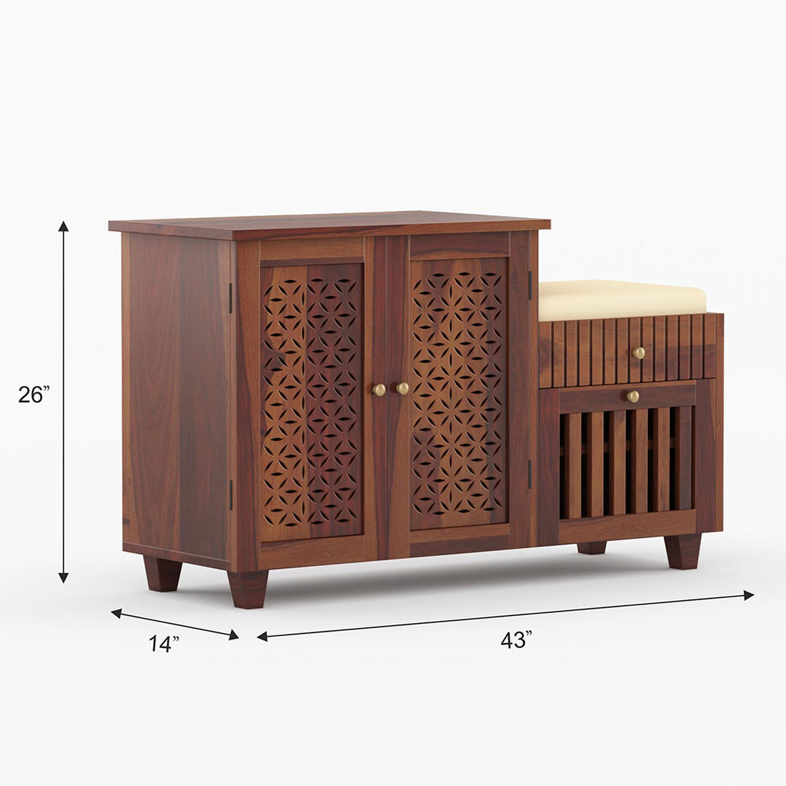 Asher Solid Wood Shoe Rack Of 20 Pairs in Provincial Teak with Cushioned Seat & Drawer