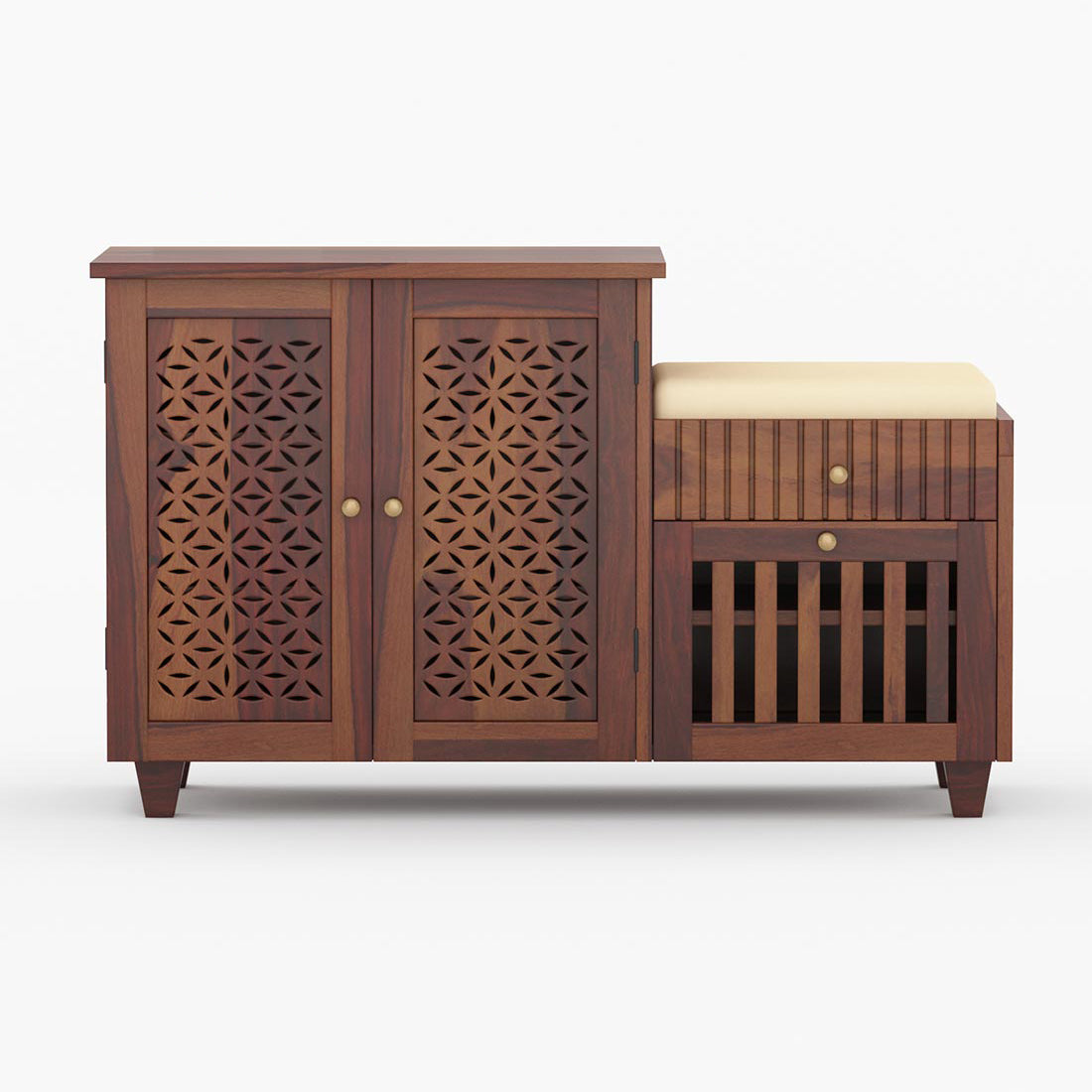 Asher Solid Wood Shoe Rack Of 20 Pairs in Provincial Teak with Cushioned Seat & Drawer