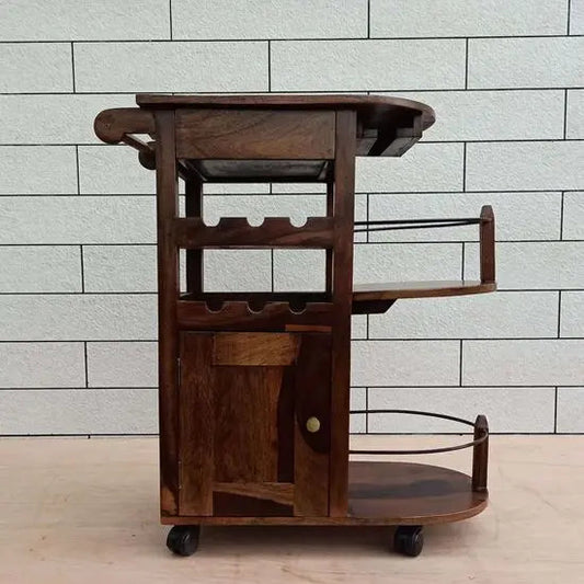 Logan Bar Cabinet Walnut Finish Server Trolley with Drawer & Bottle Rack