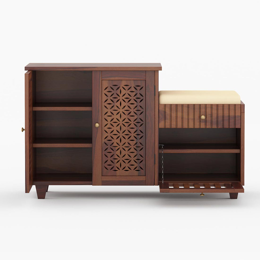 Asher Solid Wood Shoe Rack Of 20 Pairs in Provincial Teak with Cushioned Seat & Drawer