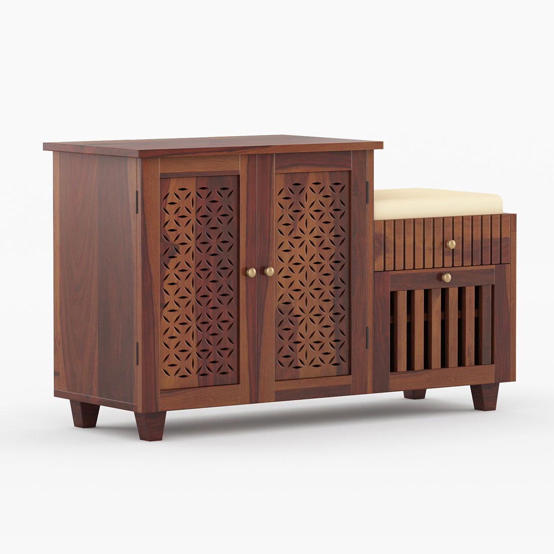 Asher Solid Wood Shoe Rack Of 20 Pairs in Provincial Teak with Cushioned Seat & Drawer