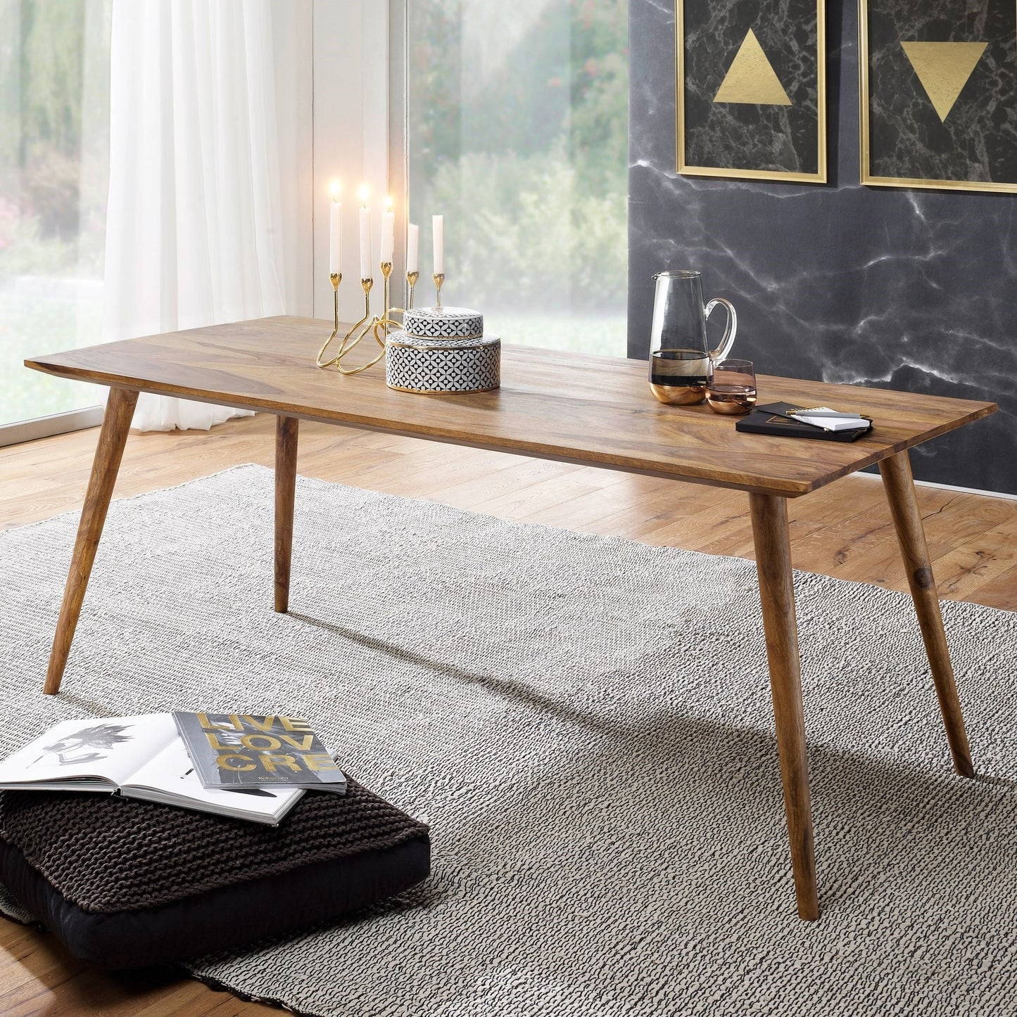 Retro Taper Solid Wood Sheesham Dining Table With Rounded Legs