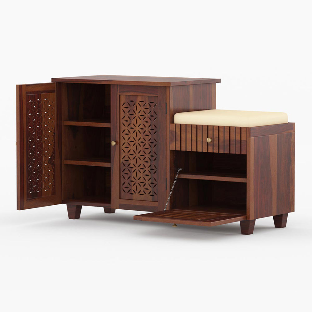 Asher Solid Wood Shoe Rack Of 20 Pairs in Provincial Teak with Cushioned Seat & Drawer