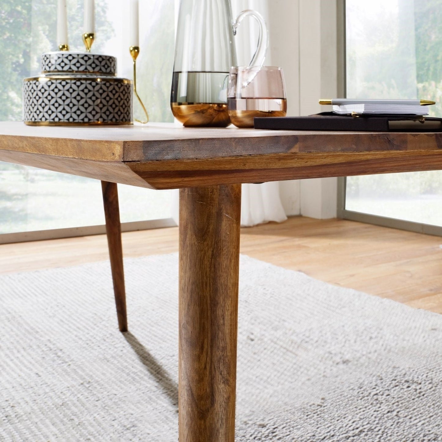 Retro Taper Solid Wood Sheesham Dining Table With Rounded Legs