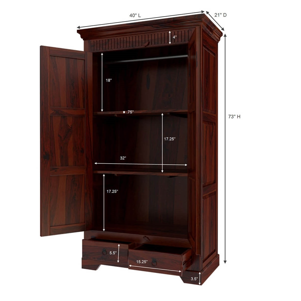 Traditional Solid Wood Wardrobe with Carved Cornice and Storage Drawers | Sheesham/Dark Mahogany Finish Almirah