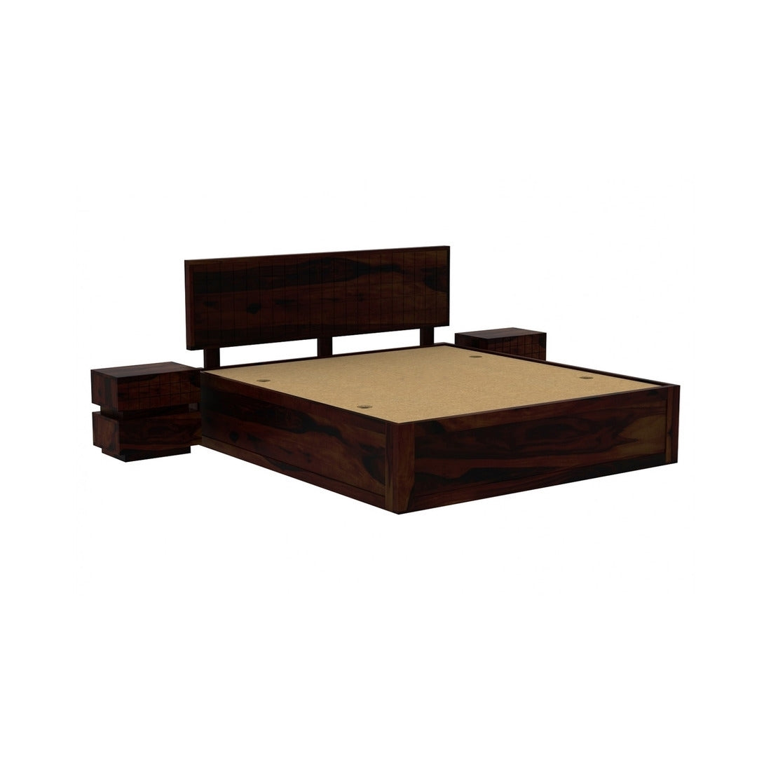 Modern Solid Sheesham Wood King Size Bed with Headboard & Box Storage – Dark Walnut Finish