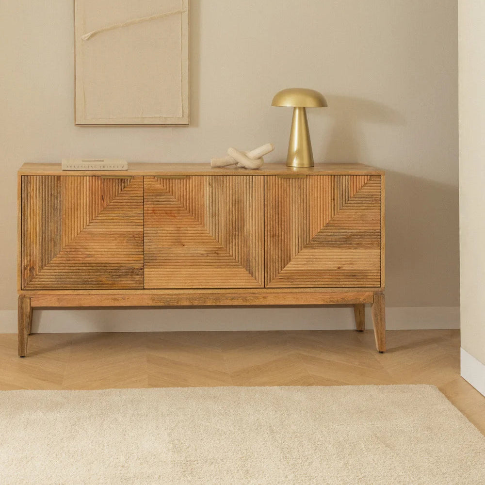 Geometric Ribbed Wood Sideboard | 4-Door Textured Storage Cabinet with Gold Bar Pulls