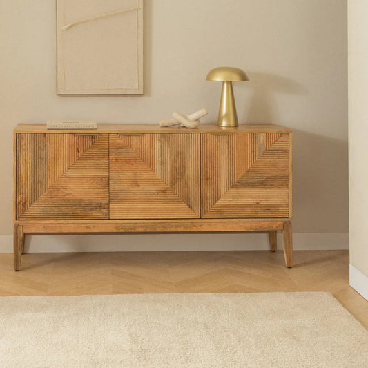 Geometric Ribbed Wood Sideboard | 4-Door Textured Storage Cabinet with Gold Bar Pulls