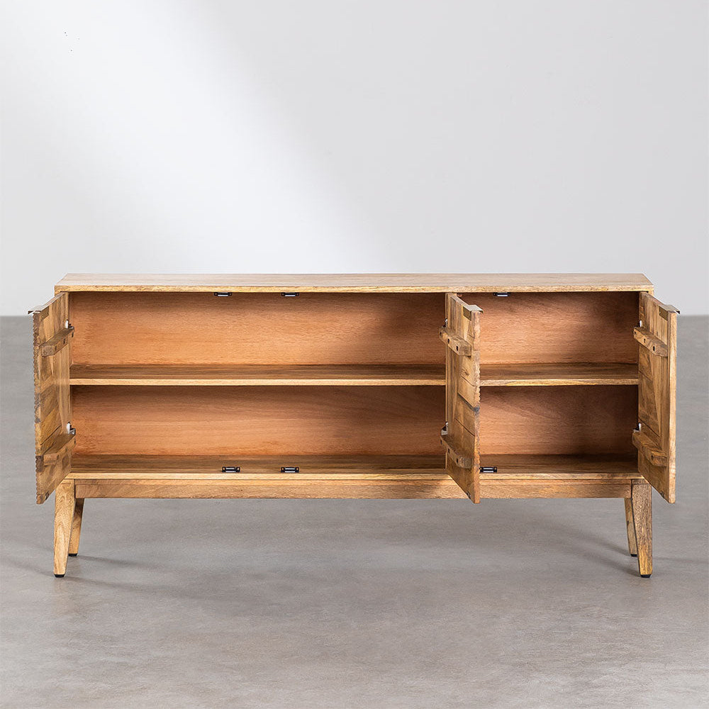Geometric Ribbed Wood Sideboard | 4-Door Textured Storage Cabinet with Gold Bar Pulls