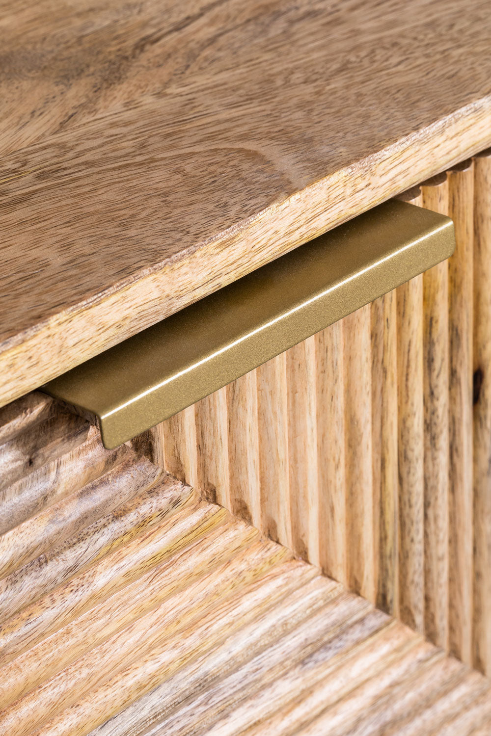 Geometric Ribbed Wood Sideboard | 4-Door Textured Storage Cabinet with Gold Bar Pulls