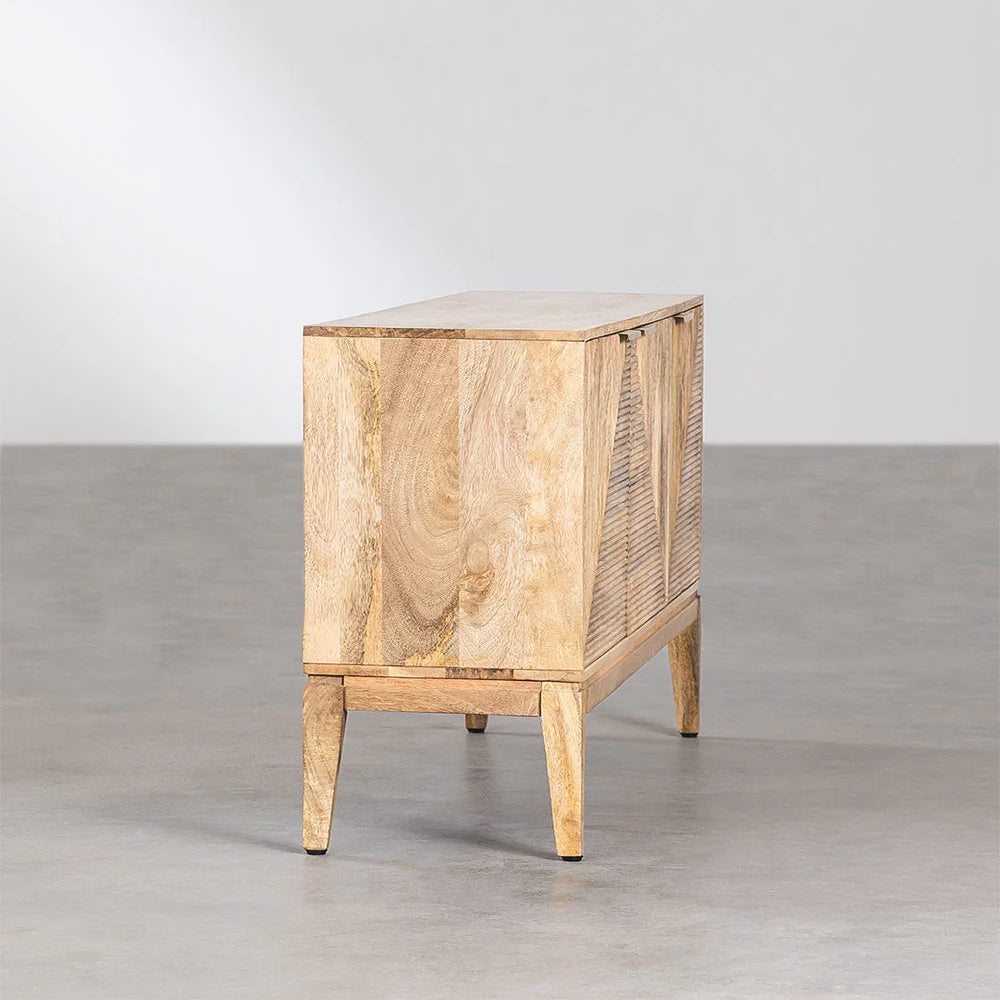 Geometric Ribbed Wood Sideboard | 4-Door Textured Storage Cabinet with Gold Bar Pulls