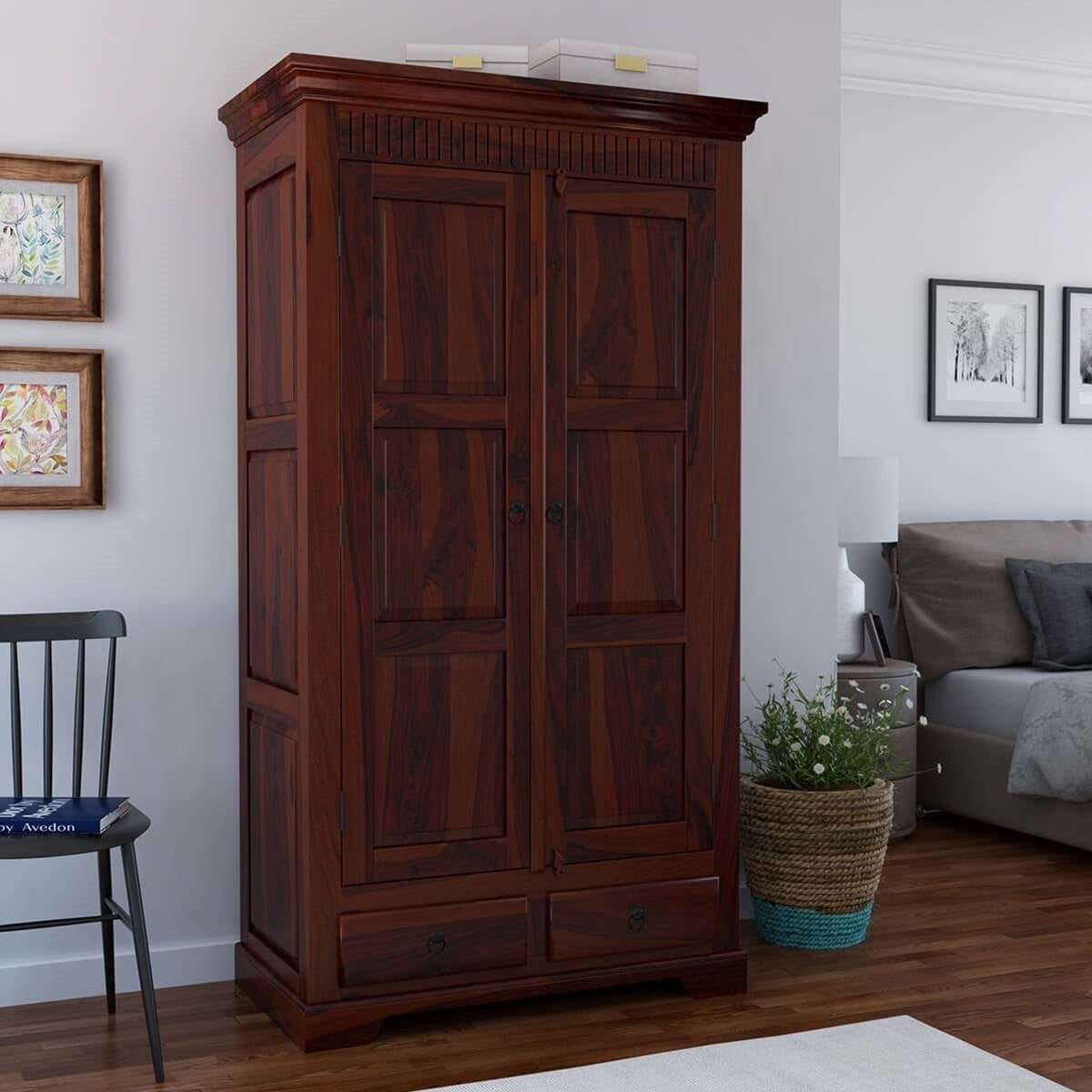 Traditional Solid Wood Wardrobe with Carved Cornice and Storage Drawers | Sheesham/Dark Mahogany Finish Almirah