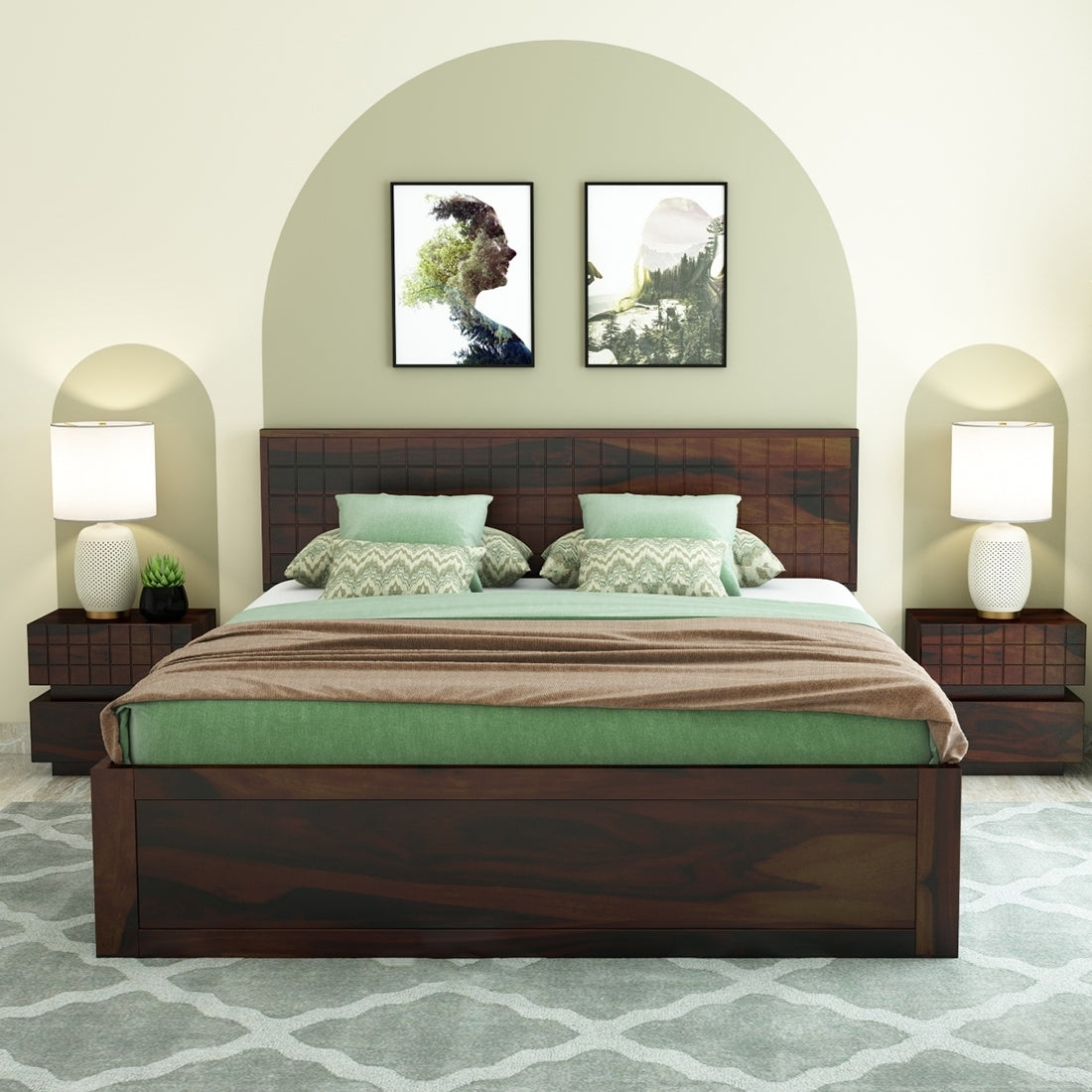 Modern Solid Sheesham Wood King Size Bed with Headboard & Box Storage – Dark Walnut Finish