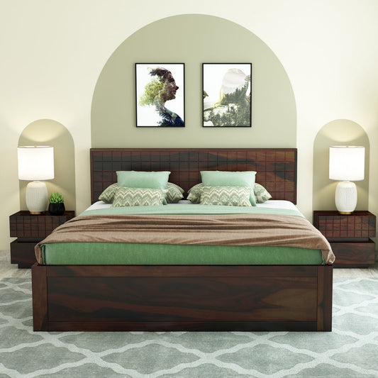Modern Solid Sheesham Wood King Size Bed with Headboard & Box Storage – Dark Walnut Finish