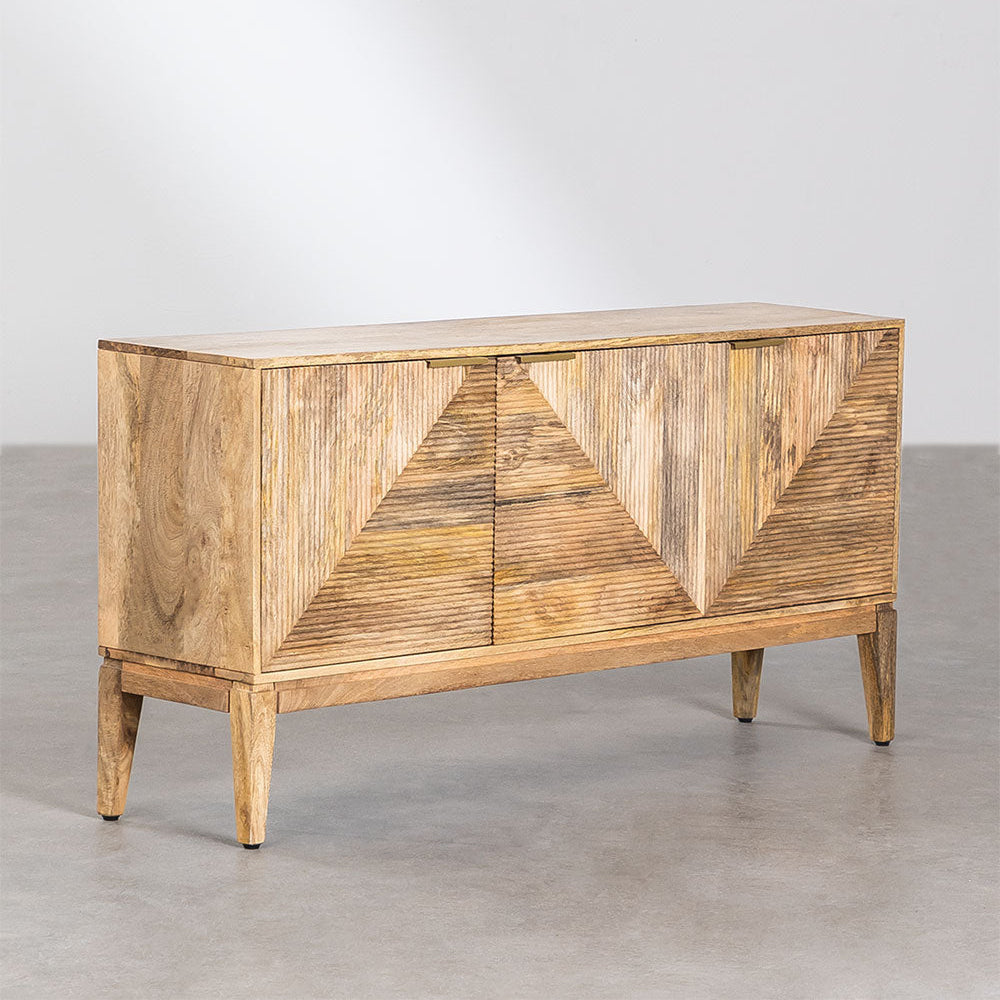 Geometric Ribbed Wood Sideboard | 4-Door Textured Storage Cabinet with Gold Bar Pulls