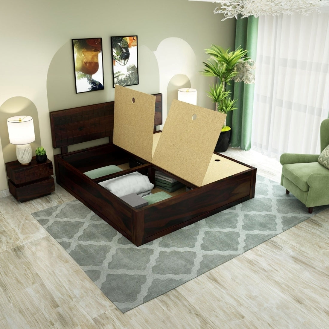 Modern Solid Sheesham Wood King Size Bed with Headboard & Box Storage – Dark Walnut Finish
