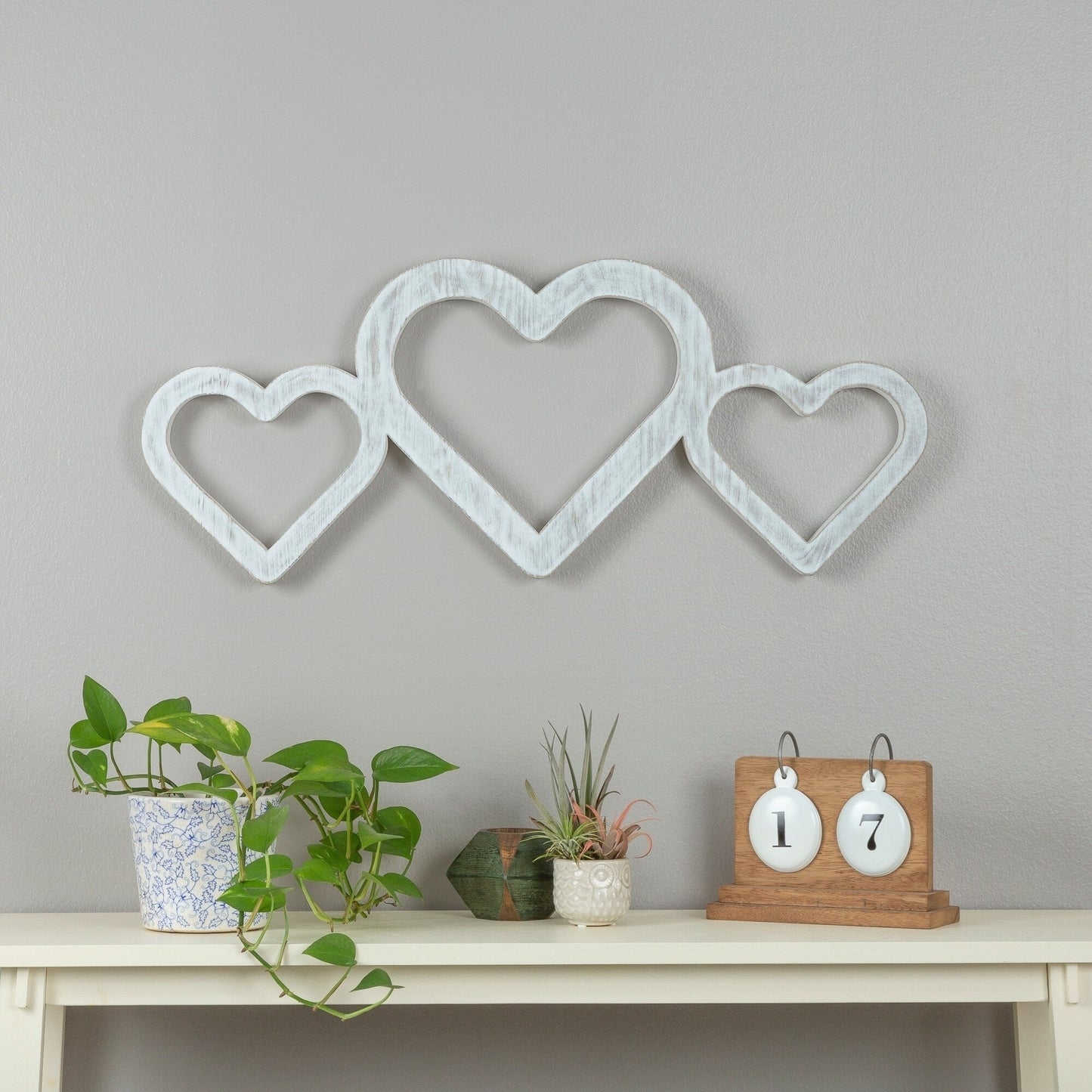 Large Whitewashed Triple Heart Wood| Love Accent for Wall or Shelf