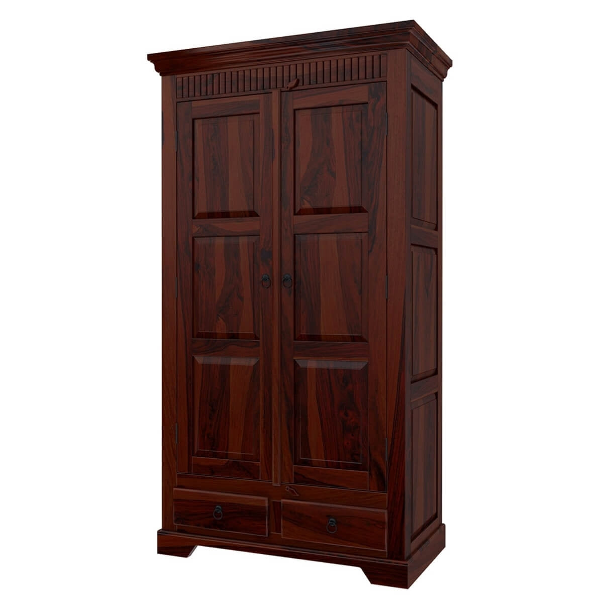 Traditional Solid Wood Wardrobe with Carved Cornice and Storage Drawers | Sheesham/Dark Mahogany Finish Almirah